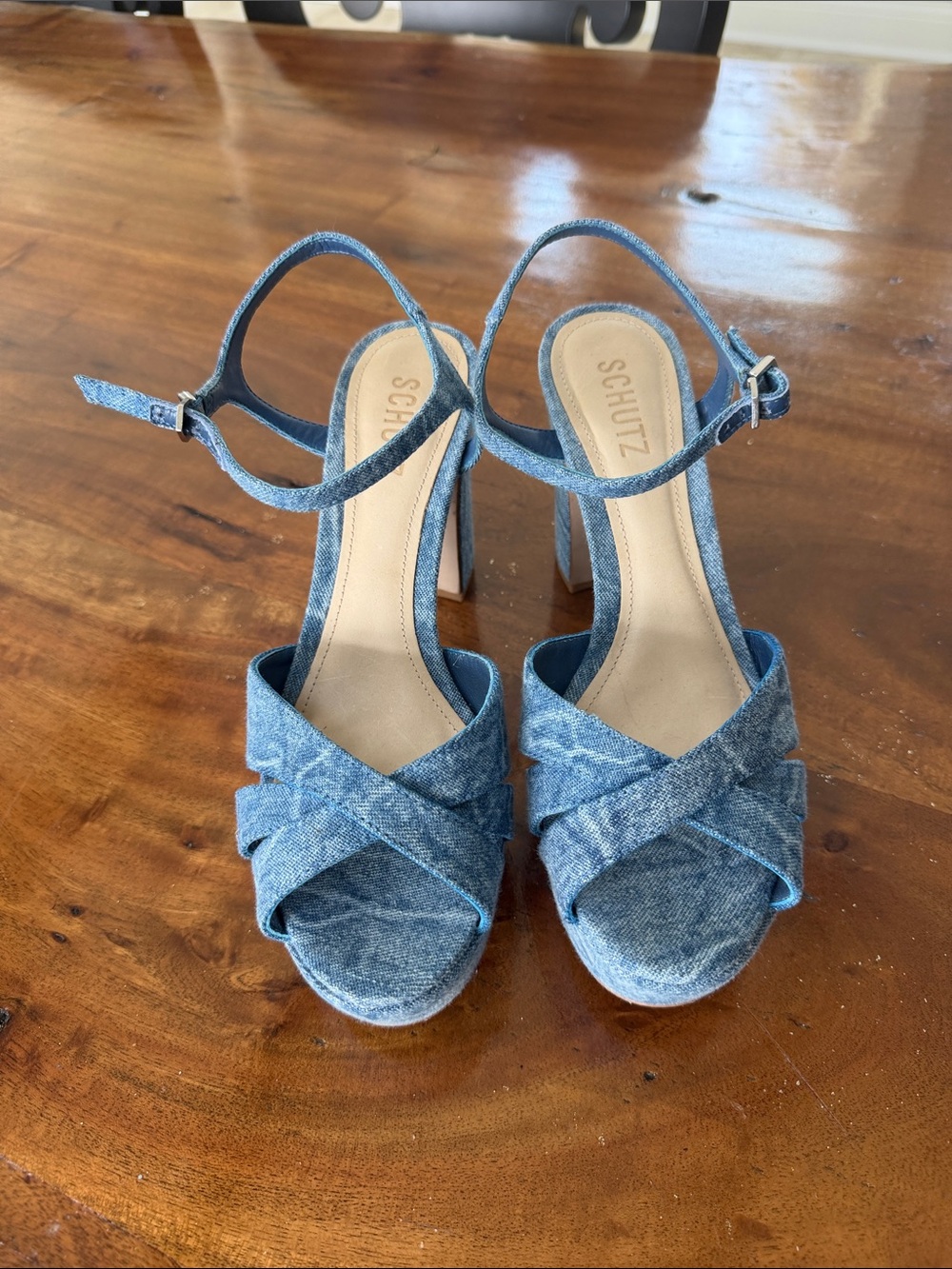 SCHUTZ Blue Denim Crisscross Open-Toe Slingback Heels